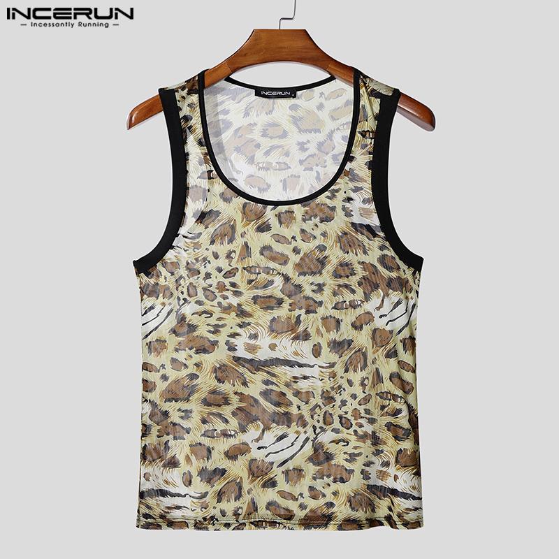 INCERUN Men Sleeveless Leopard Semi-Sheer Fitted Casual Tank Tops