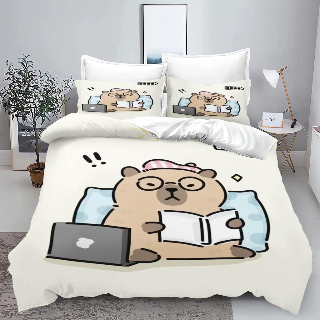 Cartoon Capybara 3D Printed Bedding Set Children's Duvet Cover Pillow Case Set Anime 100_ Polyester Cute Cartoon Home Decoration