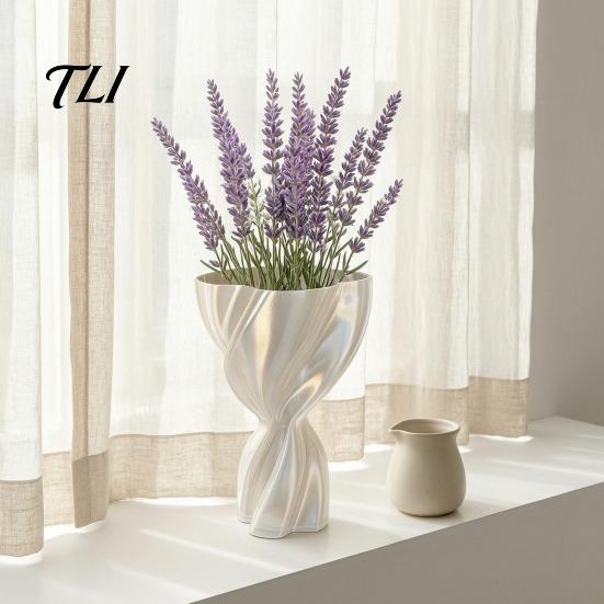 Handmade Textured Resin Vase 3D Printed Cream Color Vase, Silk Texture Art Vases for Nordic Style Dried Flower Living Room Entryway, Minimalist Modern