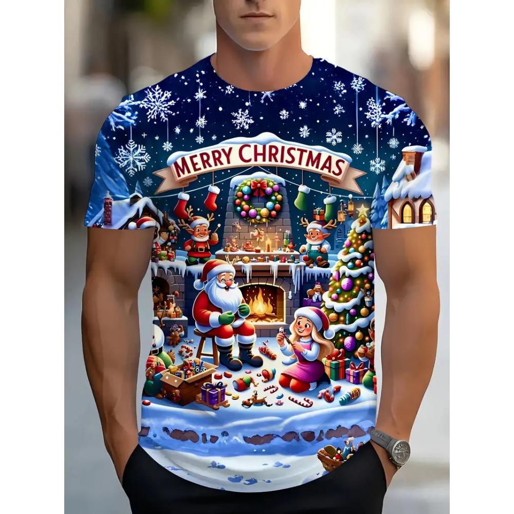 New 3D Santa Claus Print T-Shirt, Street Style for Spring and Summer, Loose Short Sleeve, Breathable High-Quality Men's Top