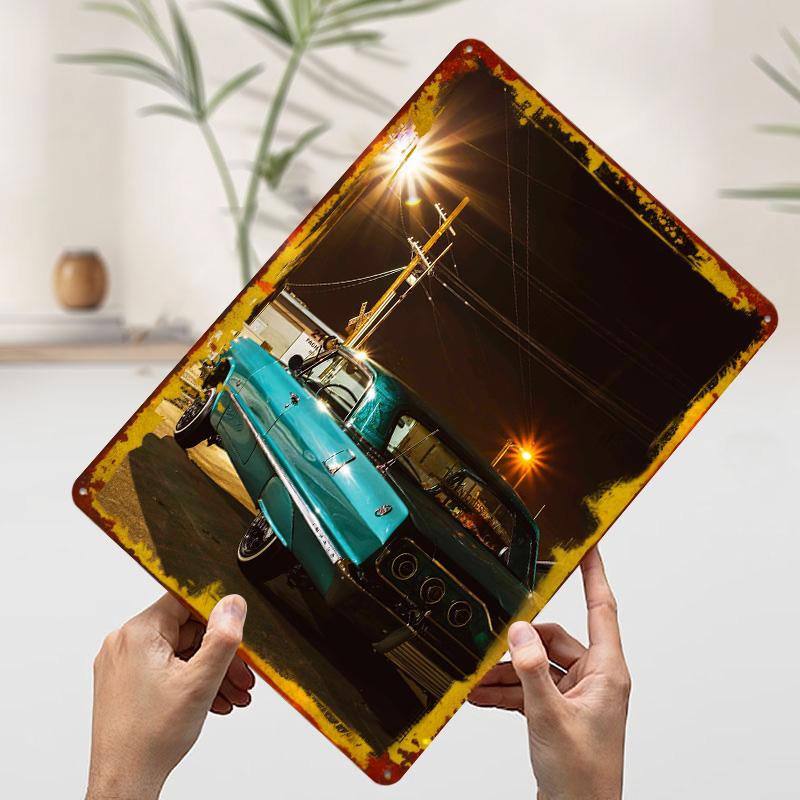 Lowrider Classic Teal Car At Night Poster Customized Vintage Metal Signs Wall Art Retro Tin Plaque for Garage Home Decorations
