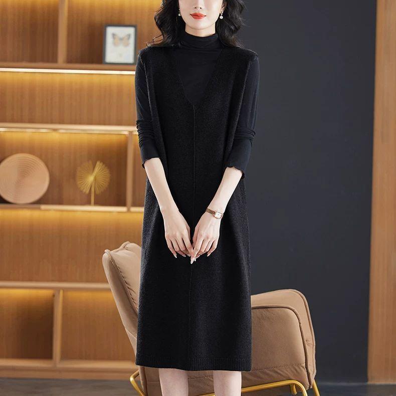 Платье-жилет средней длины Свободный жилет для иностранных женщин Повседневное платье Однотонное платье без рукавов Вязаное платье S чёрный