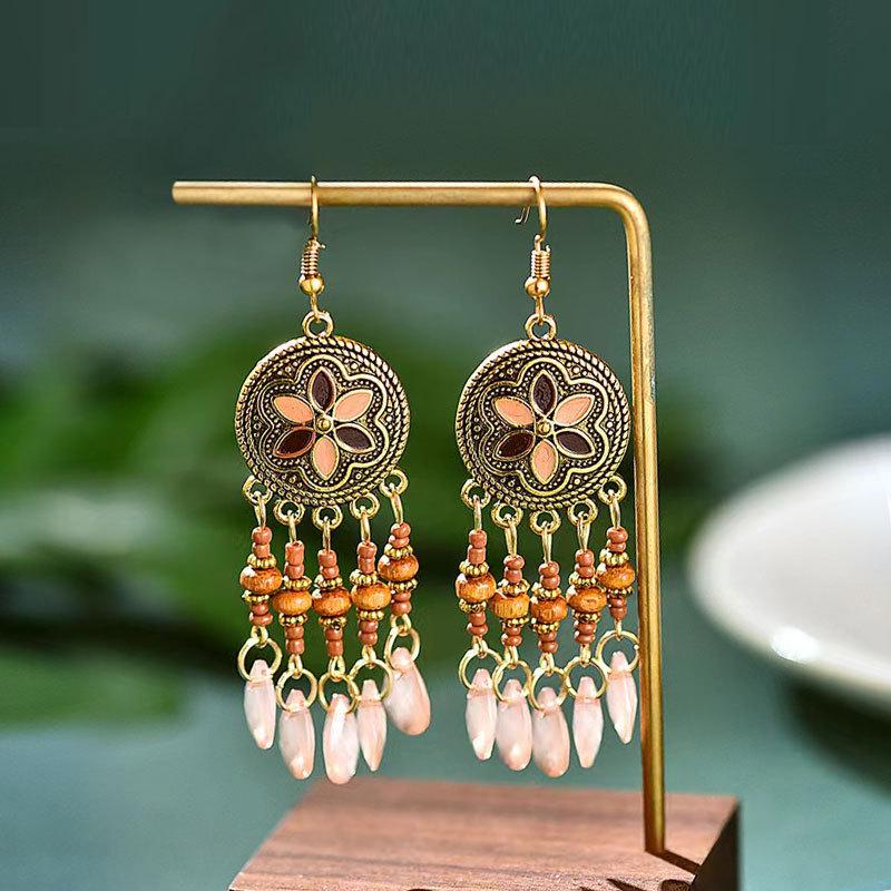 Bohemian Ethnic Beaded Teardrop Tassel Earrings