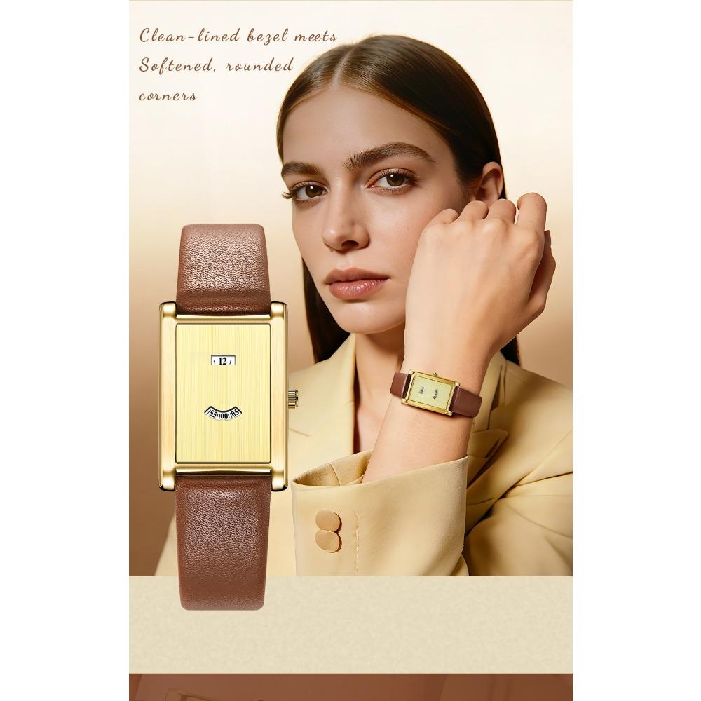 Women Rectangle Quartz Wristwatch Leather Strap Date & Minute Display Dress Daily Watch