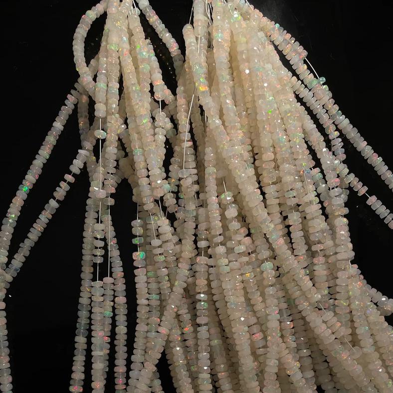 Faceted White Opal Beads: Ethiopian Rondelle Gemstone String 35 Inch