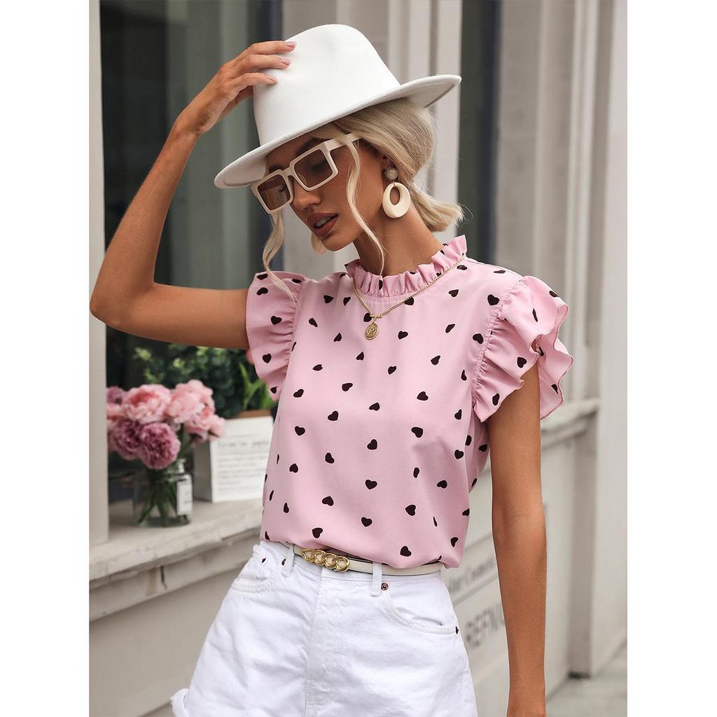 Women's European & American Polka Dot Ruffle Crew Neck Shirt