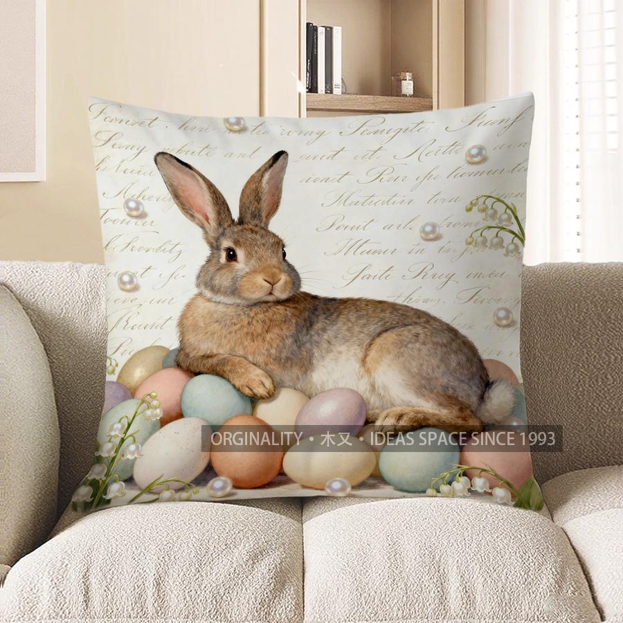 2D Rabbit With Eggs And Lillies Decorative Pillow Cover Pattern Cushion Cover Suitable For Sofa Bedroom Car Pillow Cover