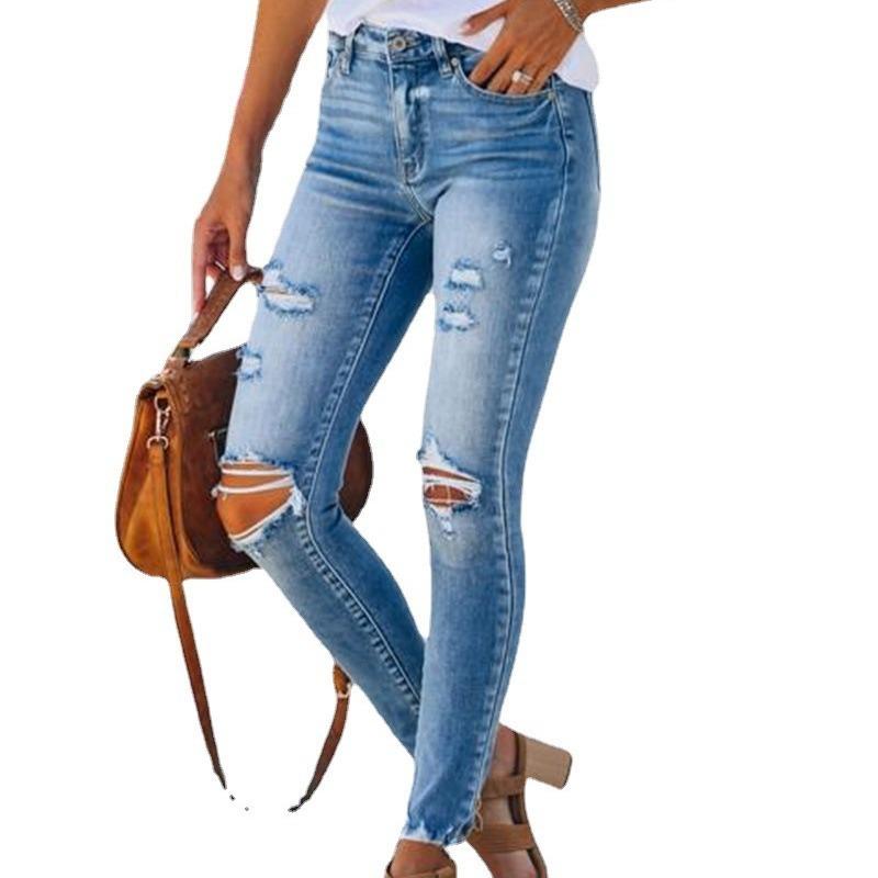 Ripped Slim-fit Washed Torn Pants Women's Jeans Trousers