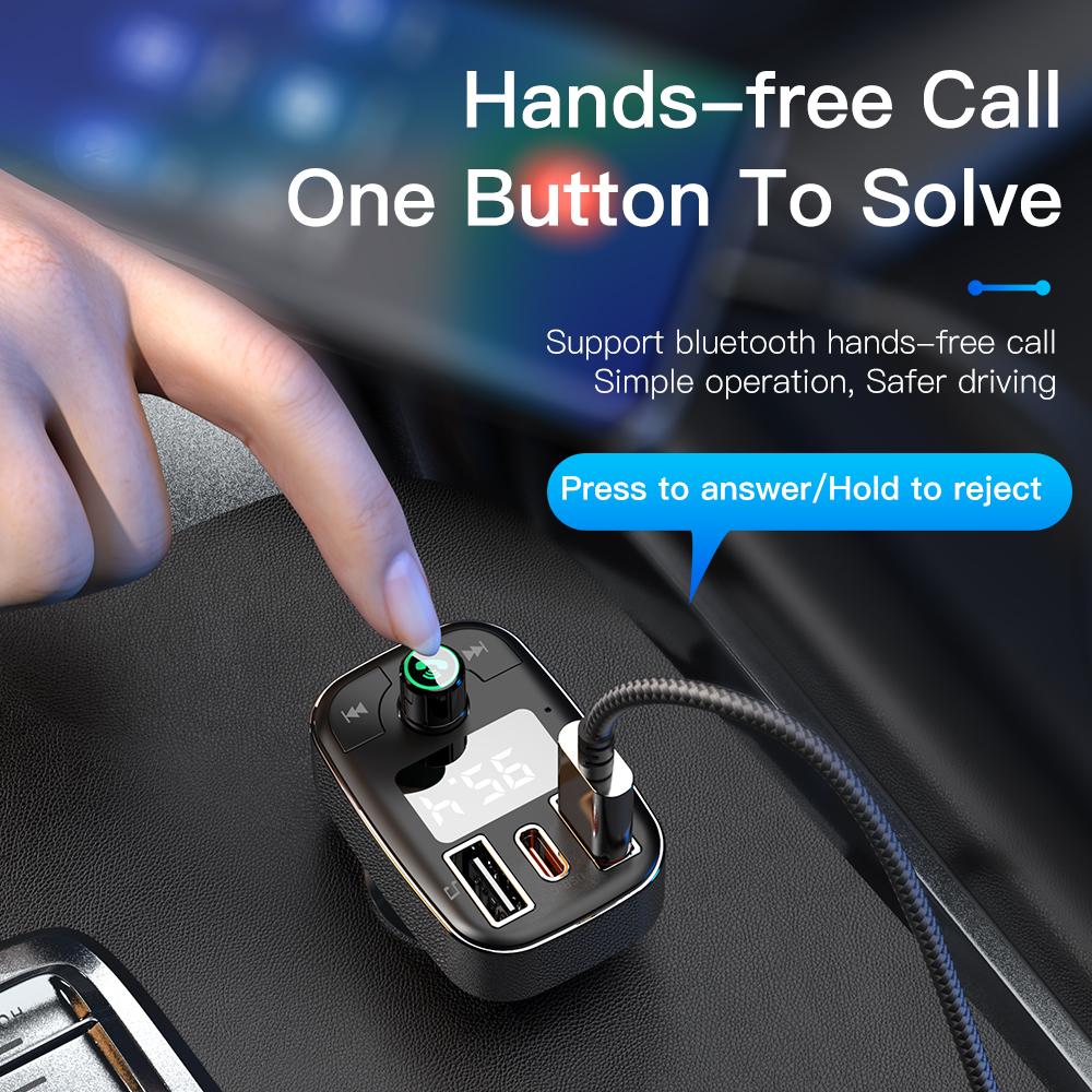 Essager 50W USB-Autoladegerät für Telefon FM-Transmitter Bluetooth 5.0 Freisprecheinrichtung Auto Kit MP3-Player Schnelllade-Autotelefonladegerät