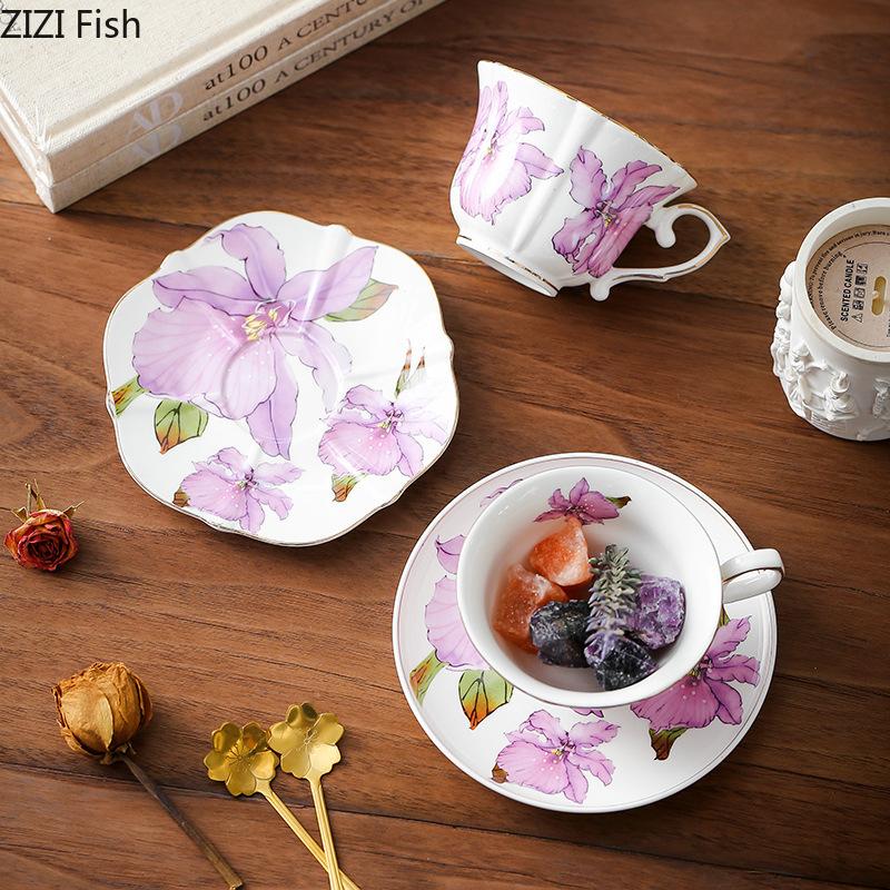 Purple Lily Pattern Mugs Porcelain Cup&saucer Tableware Gilding Coffee Mug Dining Table Afternoon Tea Teacup Fruits Juice Cup