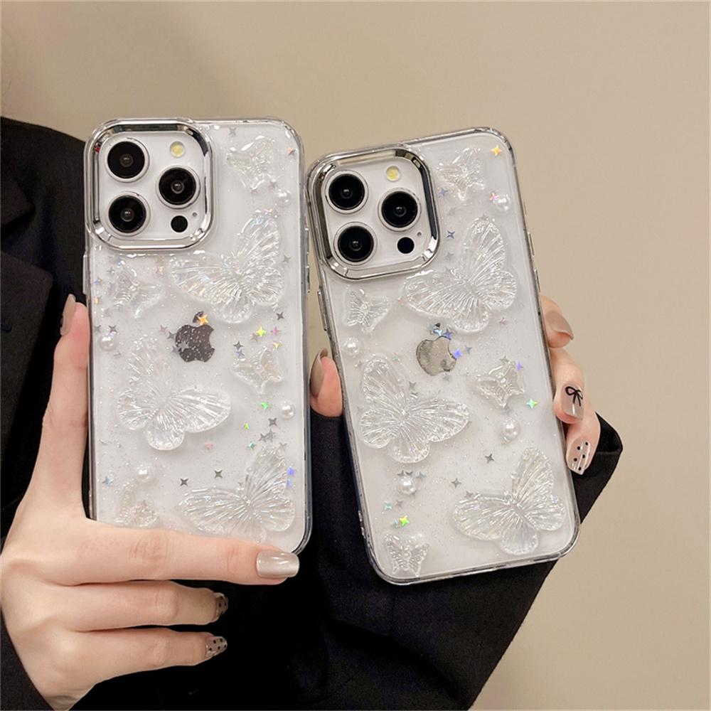 Luxuriöse Transparente Ästhetische Schmetterling 3D Hülle Für iPhone 15 14 13 12 11 Pro Max Plus Glänzende Beschichtung Kameraschutzhülle