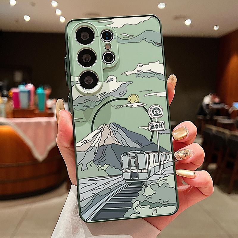 Magnetic For Magsafe Case For Samsung Galaxy S26 Ultra S25 Edge S24 Plus S23 FE S22 A54 A55 A56 5G Anime Landscape Train Pattern Matte Cover