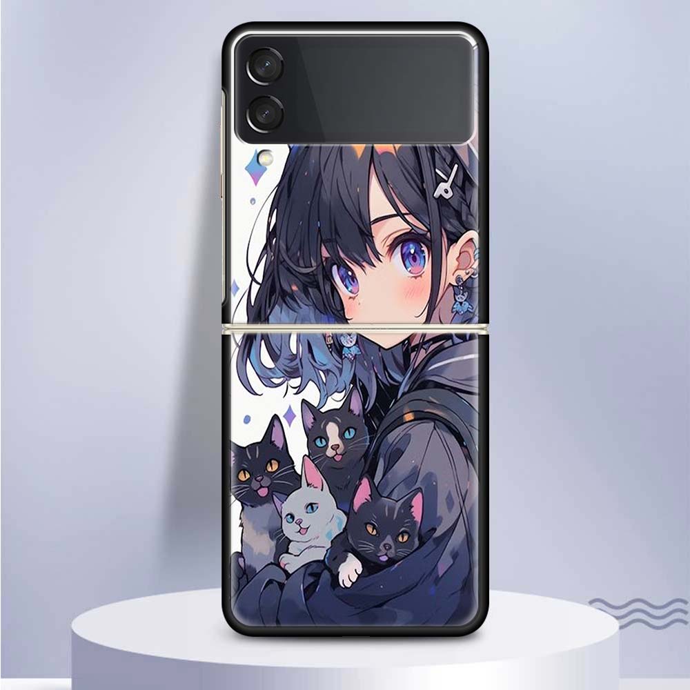 Süße Anime Ins Mädchen Tier Katze für Samsung Galaxy Z Flip 5 4 3 5G Telefon Fall schwarz Hard Cover ZFlip 5 4 3 Luxus stoßfest Bum