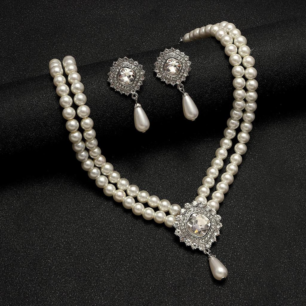Elegant Multi-Layer Women's Pearl Necklace and Earring Set for Weddings and Banquets