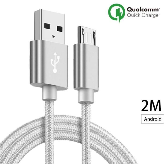 Câble Micro USB - Non spécifié - 2M - Nylon Argenté - Compatible Android - Connecteur Micro USB