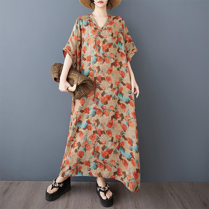

Dimanaf 2025 Лето Женское Принт Большой Размер Длинное Льняное Платье Короткий Рукав Винтажное Повседневное V-образный Вырез Базовое Свободное Платье One Size коричневый