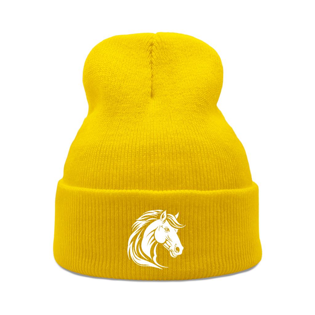 White Horse Print Winter Hats Unisex Warm Knitted Cap Beanie Hat For Woman Cuff Trendy Knit Hat Beanie Perfect For Urban Style
