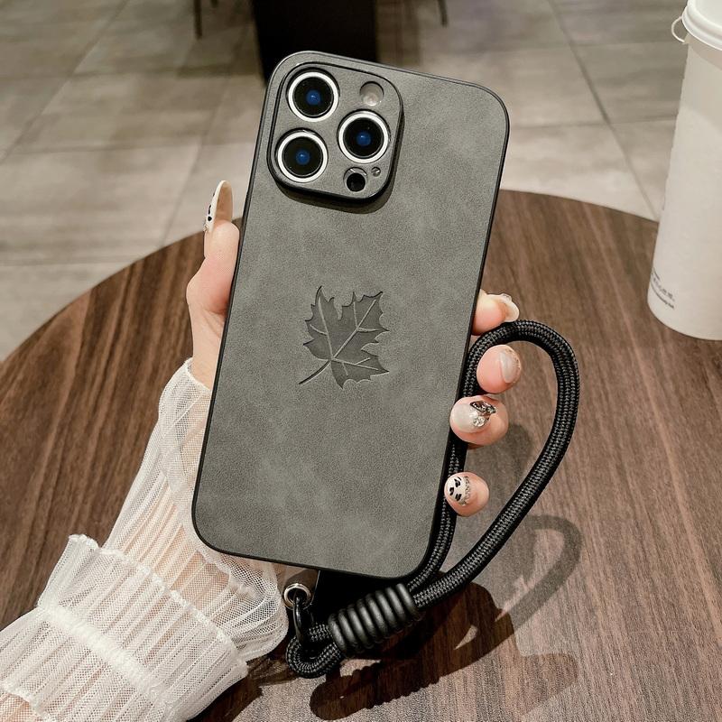 Kryt na telefon s motivem javorového listu, měkký, s šňůrkou, pro iPhone 16 Plus 15 Pro 14 Pro Max 13 12 11, jednobarevný, kožený, nárazuvzdorný, tenký, matný zadní kryt