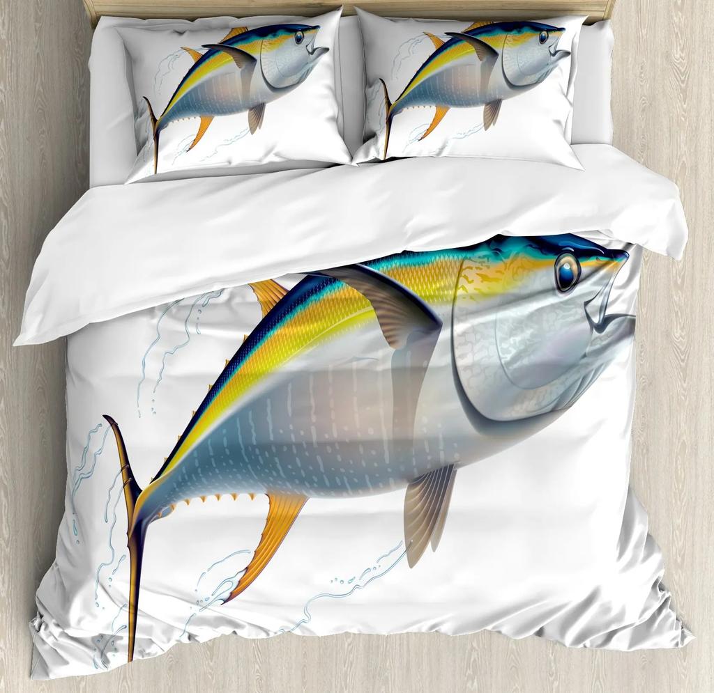 Pościel z motywem szczupaka i ryby, pasiasty bas, duży wzór, motyw łowiecki i wędkarski, narzuta na kołdrę dla chłopców, dekoracje sypialni dla nastolatków