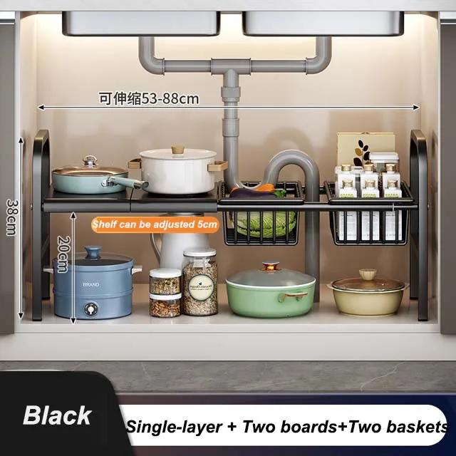 Kitchen Under Sink Adjustable Pot Rack Multifunctional Dish Pans Snacks Cookware Storage Rack Countertop Cabinet Storage Basket
