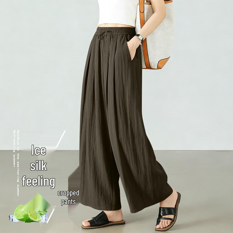 Women's Summer Ice Silk Cropped Loose-Fit Plus Size Pants, Elastic Waist & Petite 8-Point Casual Thin Pants