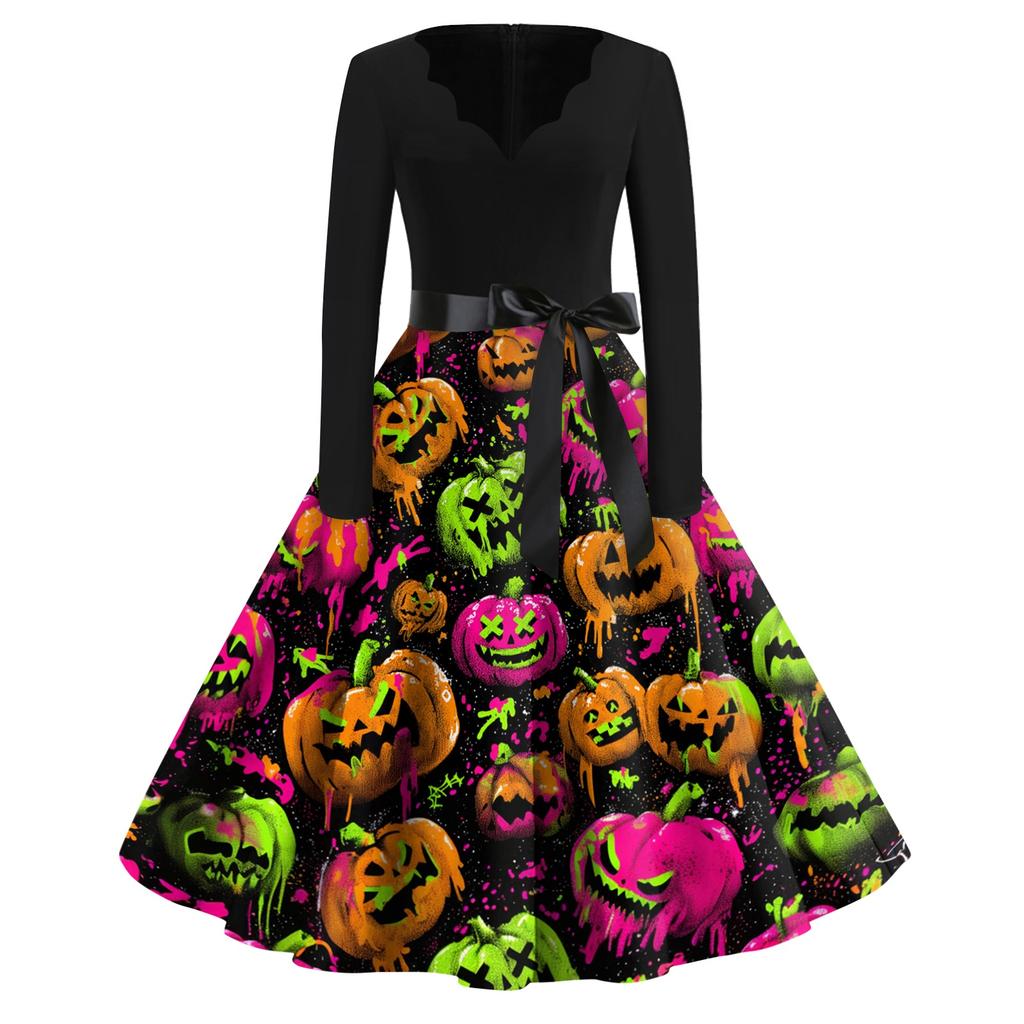 Women’s Casual Halloween Print V Neck Vintage Dress Long Sleeve A Line Midi Dress with Belt for Holiday Party Events