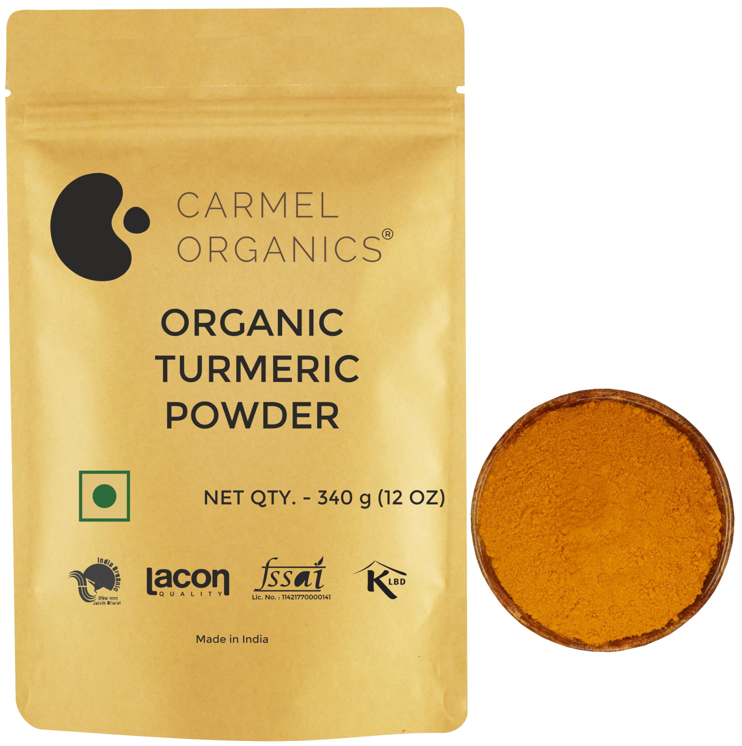 

CARMEL ORGANICS Turmeric Root Powder(340 g (Pack of 1))| Haldi Powder | Jaivik Bharat Certified | Non-GMO | Chemical Free & Pesticides Free | No