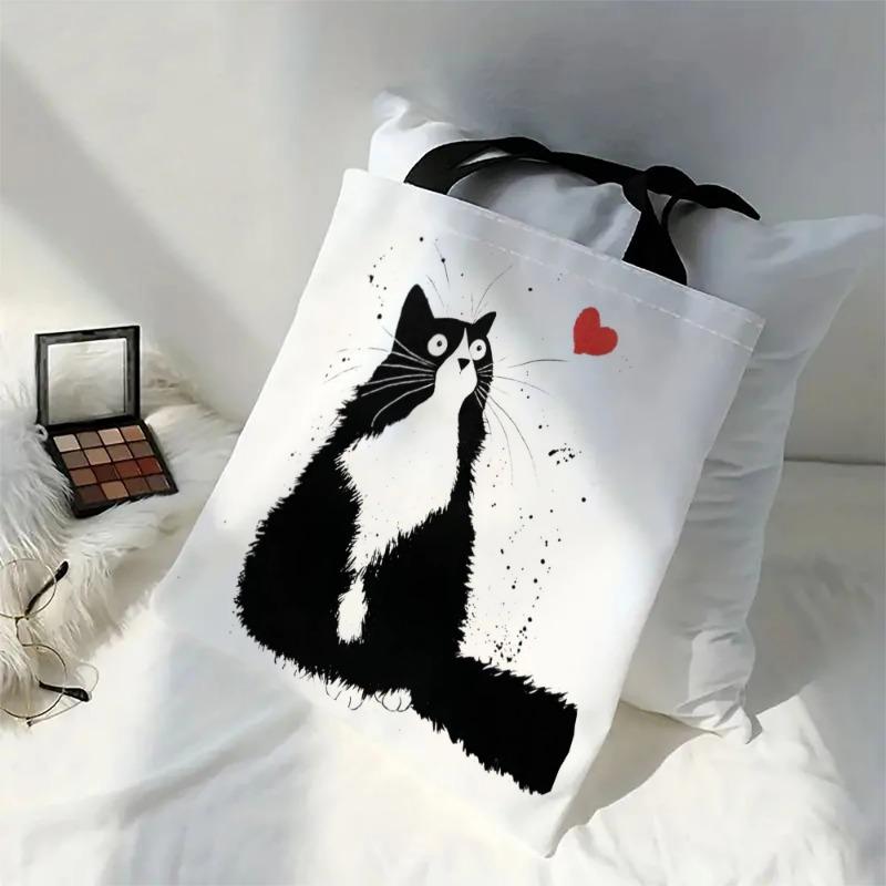 1pcs Linen Shopper Reusable Tote Cute Cats Print Grocery Storage Bag Portable Large Capacity Shoulder Bag Shoulder bag