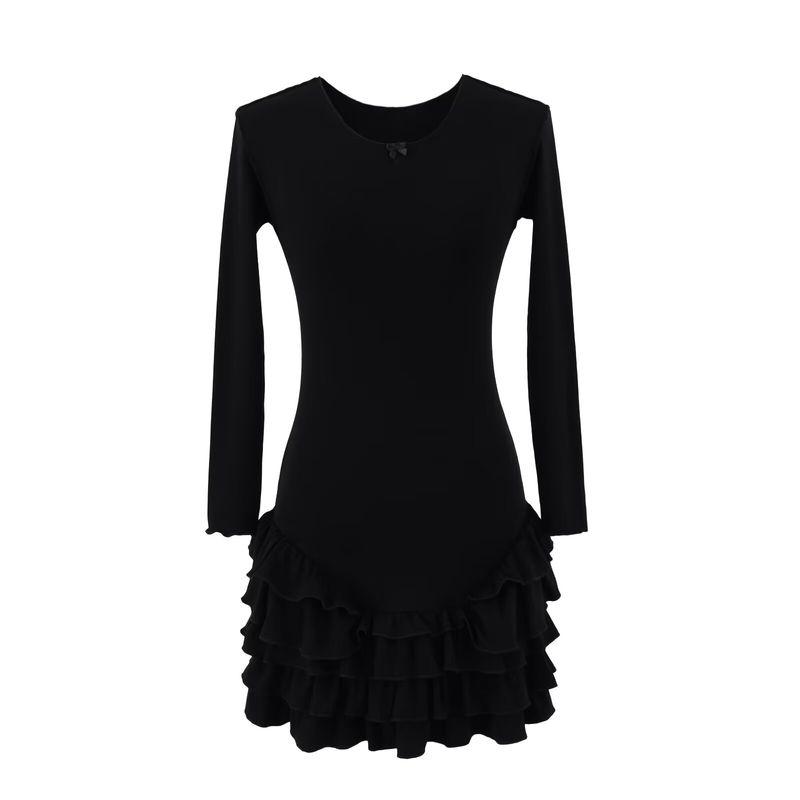 

Sweet Chocolate Mousse American Pure Desire Ballet Girl Frill Multi-Layer Cake Skirt Slim fit Long sleeve dress Short dress Black Long sleeves M