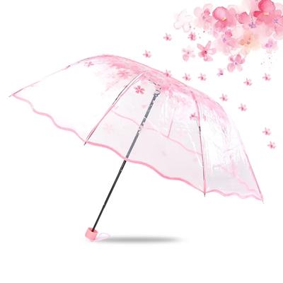 Korean Umbrella Cute Mini Fresh and Three-Fold Japanese Cherry Blossom Transparent Umbrella, Rainproof and Windproof