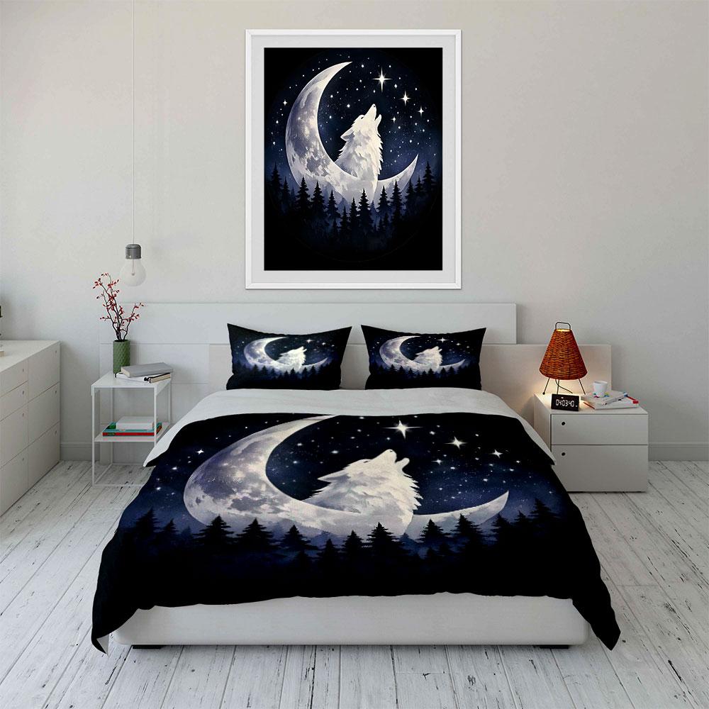 Wolf, Moon, Stars, Trees. Print Bedding Set 1 Duvet Cover 2 Pillowcases for Adult and Children Luxury Gift Full Size