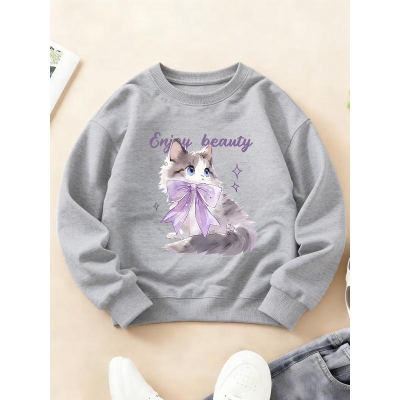 Kids Crewneck Long Sleeve Sweatshirt, Bow Kitten Print, Sports Casual Top for Autumn Winter