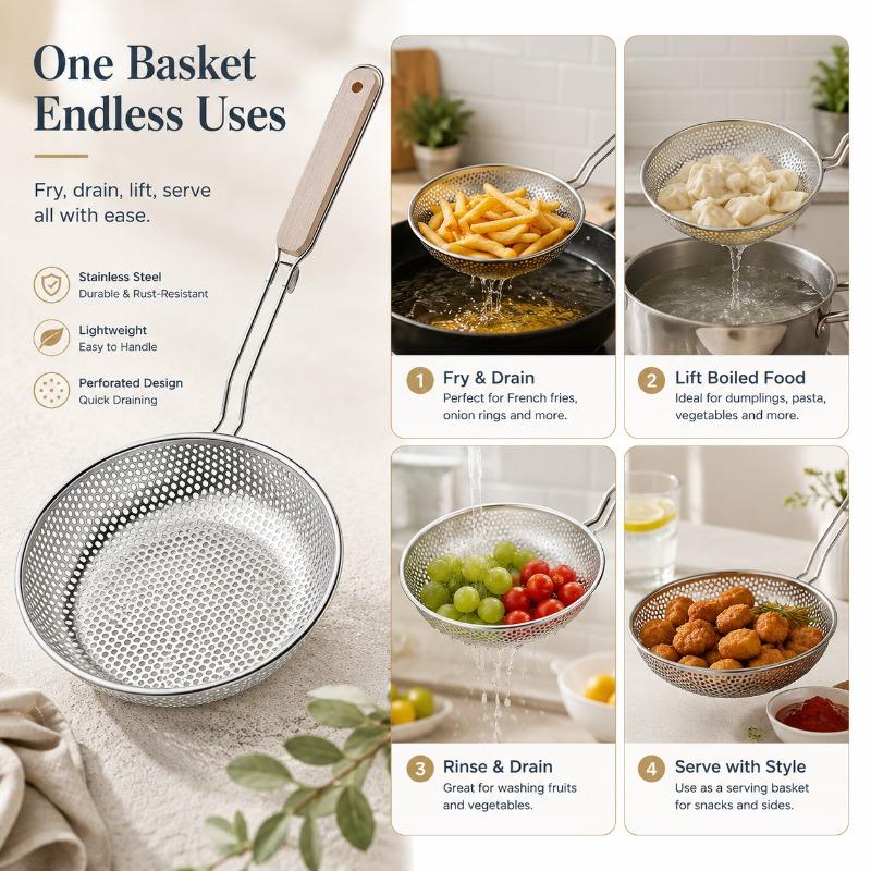 Thickened Stainless Steel Fine Mesh Strainer Wooden Handle Dumpling Skimmer Spoon Kitchen Household Frying Strainer