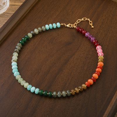 GEMCHIC Women's Natural Multi-Gemstone Beaded Necklace, Handmade Ethnic Style Colorful Stone Choker with Gold Chain