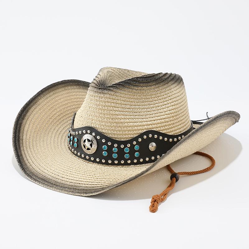 Ethnic Style Straw Woven Western Cowboy Hat, Outdoor Beach Sunshade Sunscreen Hat, Summer Travel Photo Big Edge Straw Hat