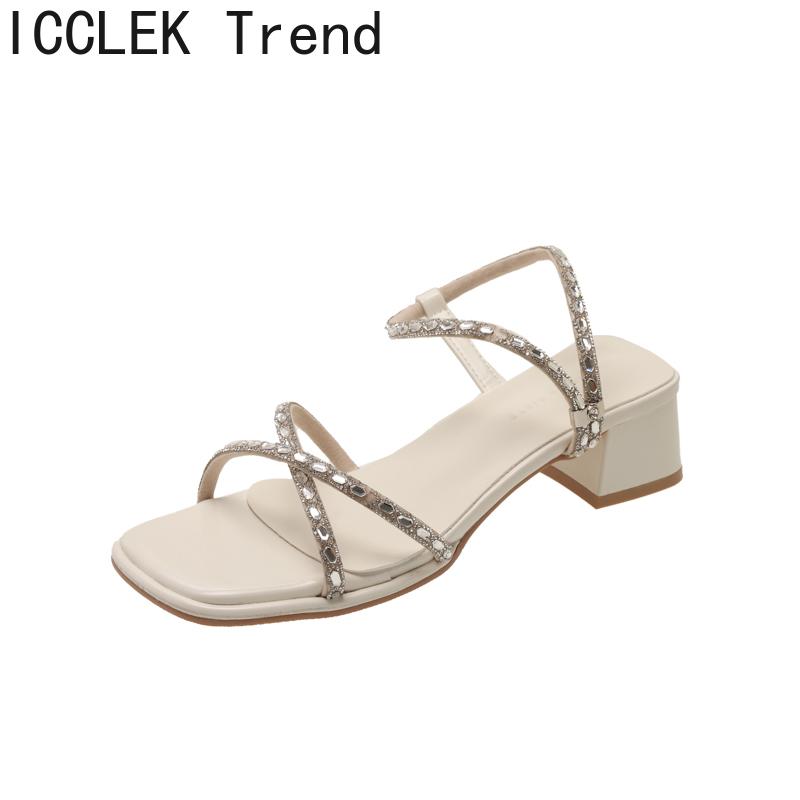 Women's Summer Crystal Narrow Band Women Sandals Concise Comfort Thick Heel Footwear for Ladies