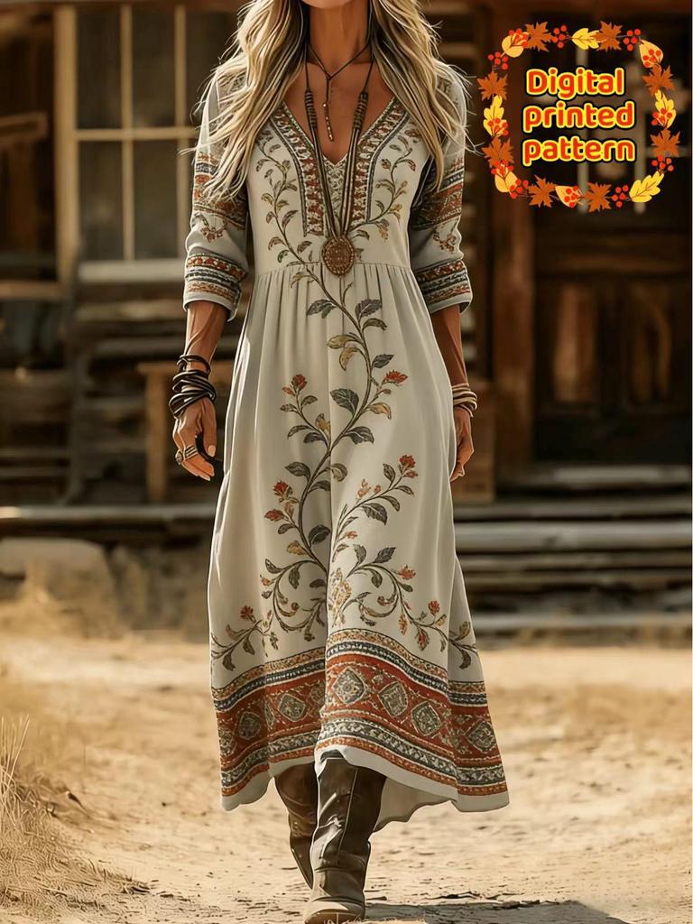 Damen Retro Blumenmuster Langarmkleid - Europäischer & Amerikanischer Stil