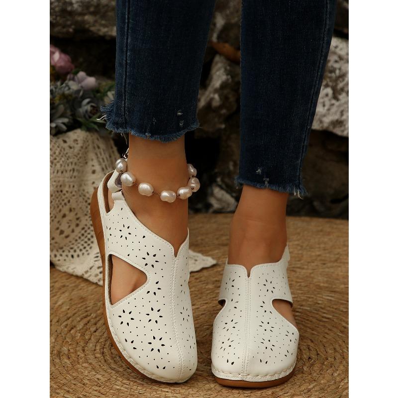 Women's Summer Breathable Hollow Velcro-Strap Wedge Peep-Toe Stitched Closed-Toe Sandals, Casual Comfort Footwear.