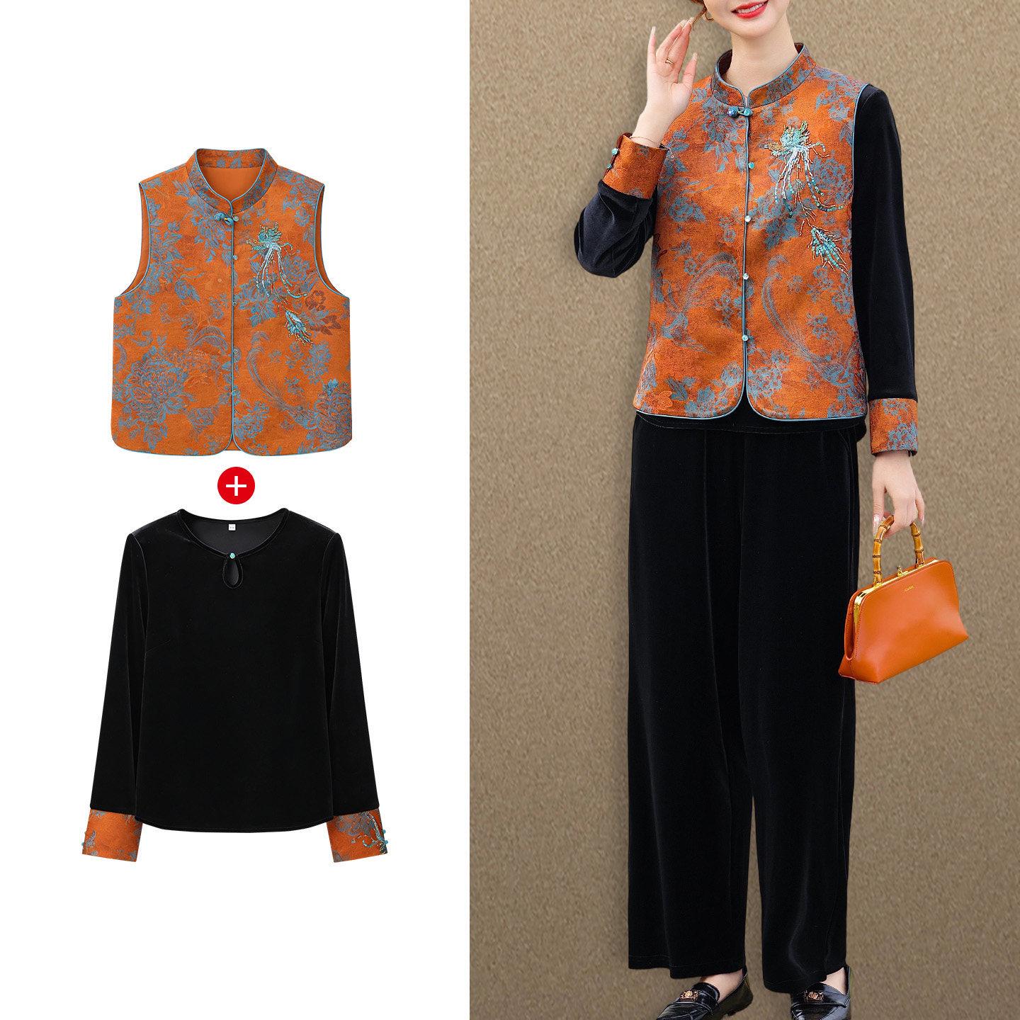 

2026 New Gold Velvet Embroidered Vest for Moms - Spring/Autumn Mid-Age Women s Fashion XL (Recommended 105-120 lbs)