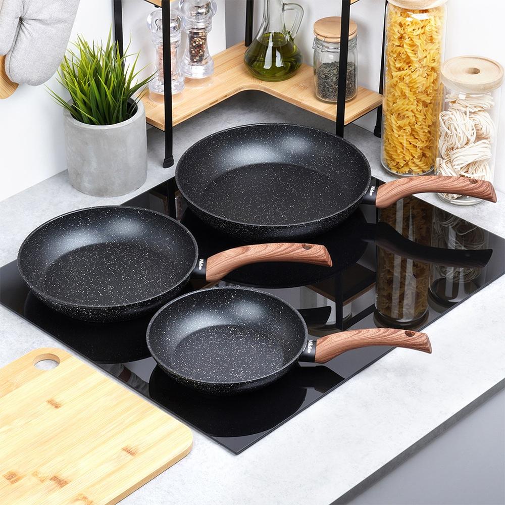 Set di 3 Padelle in Granito Nero&Legno 20 / 24 / 28 Cm