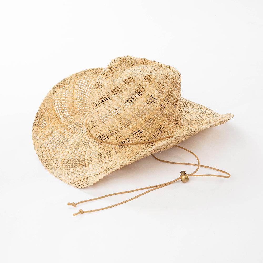 Wide Brim Raffia Straw Sun Hats Unisex Straw Cowboy Hat Handwoven Breathable Hollow Fedoras Hat Summer Sun Hat with Chin Strap M 57cm