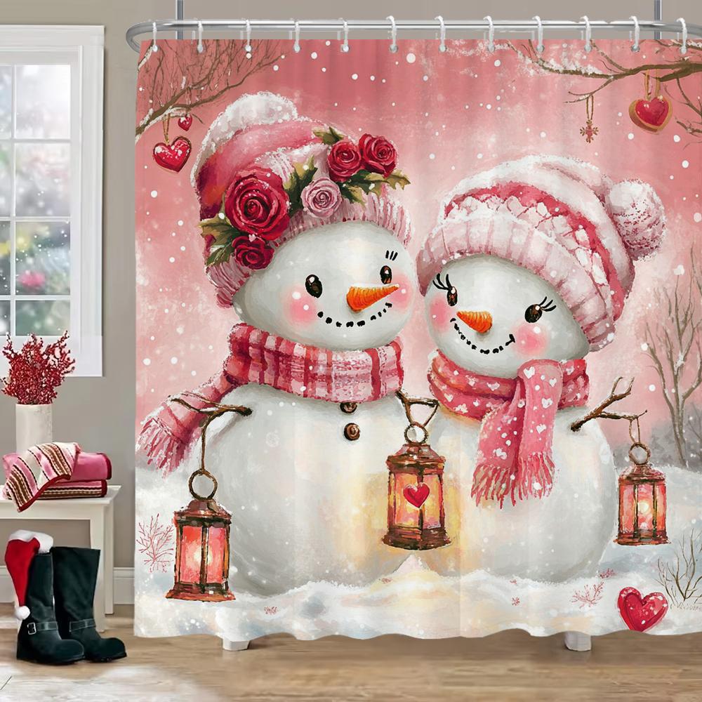 Pink Cartoon Christmas Snowman Shower Curtain, Bathroom Shower Curtain, Printed Christmas Curtain For Home Holiday Decoration