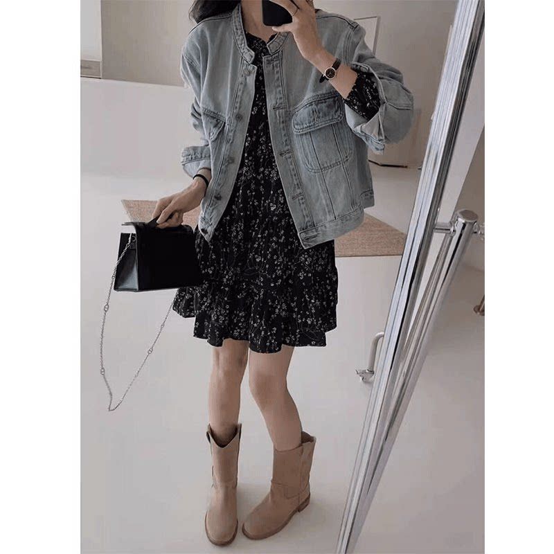 

2026 Spring and Autumn New Retro Washed Loose Round Neck Versatile Denim Jacket + Floral Dress Two-Piece Set for Women Skirt M [Recommendation 40-50kg]