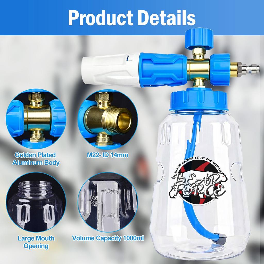BEAR FORCE Foam Cannon Foam Generator, Heavy Duty Car Foam Blaster Wide Neck Adjustable Snow Foam Lance and Thick Foam for Pressure Washer