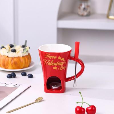 Tasse Fondue au Chocolat Tasse Chauffe-Café 200ml Tasse à Faire Fondre le Chocolat en Céramique Avec Fourchette, Tasse à Faire Fondre le Fromage Beurre Caramel Bonbon
