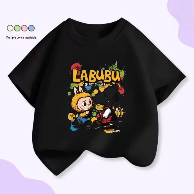 LABUBU Snoopy Kids Unisex Cartoon Print Short Sleeve Round Neck Summer T-Shirt 130