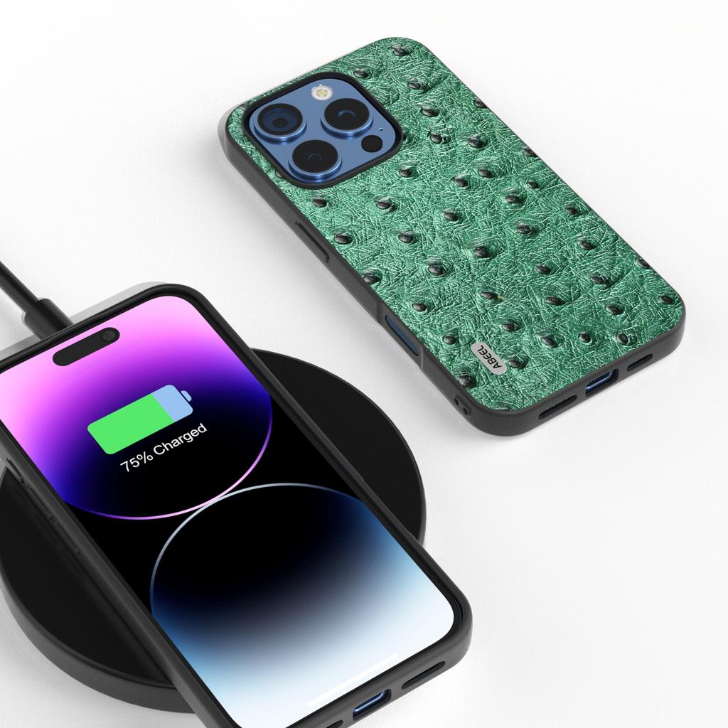 ABEEL For iPhone 16 Pro Max Case Ostrich Texture Genuine Cow Leather Back Phone Cover