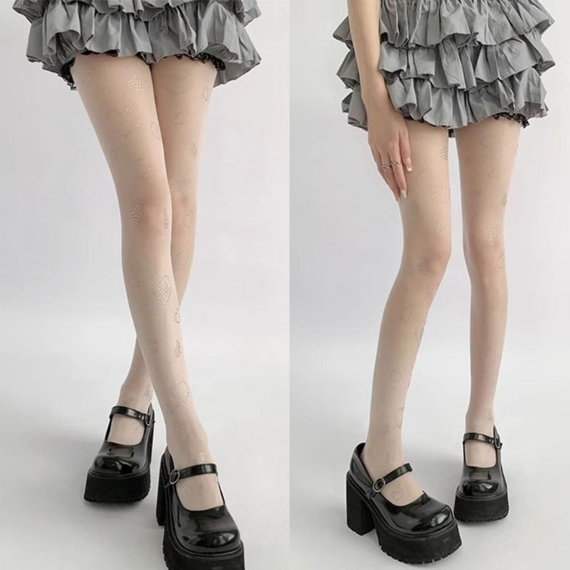 Women Sweet Ultra-Thin Sheer Pantyhose Stockings Japanese Style Glittering Rhinestones Heart See-Through Tights Leggings