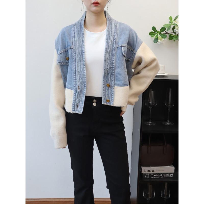 Short Spliced Denim Knitted Double-sided Cardigan Autumn and Winter New Loose Temperament Sweater Jacket Women