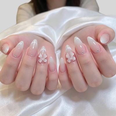 24Pcs Cat Eye Press On Nails With Rhinestone And Bow Crystal Clear Fake Nails High Quality Gift For Girls